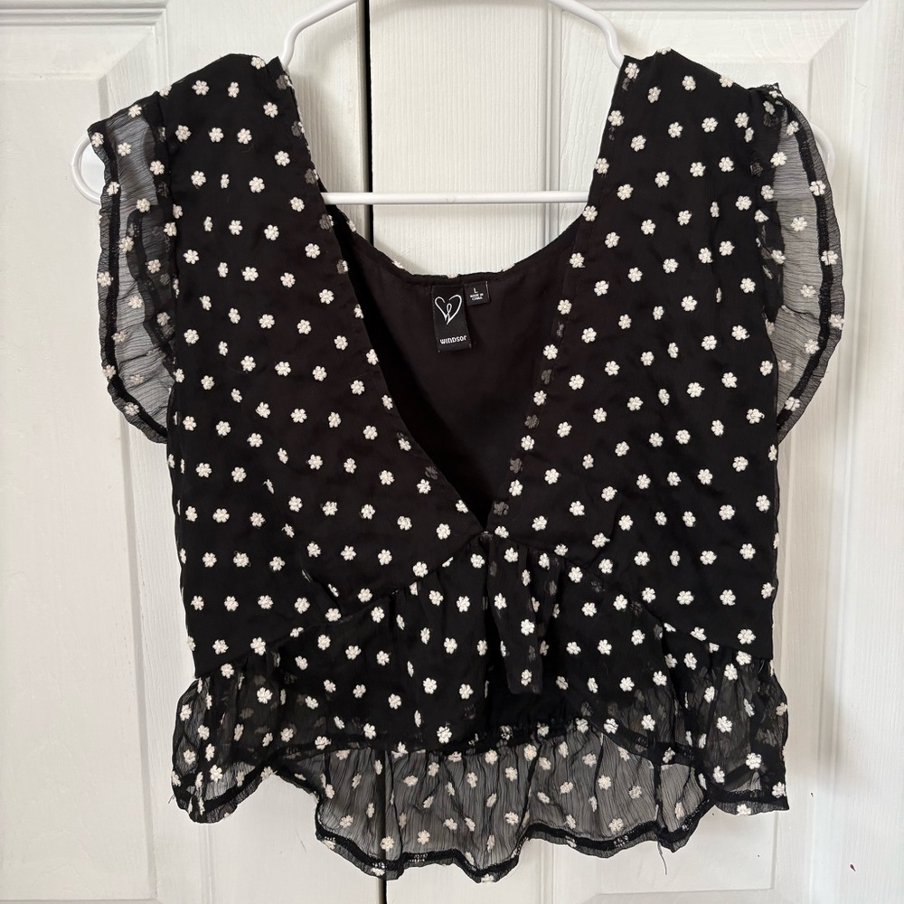 Windsor Black Blouse with White Floral Accents